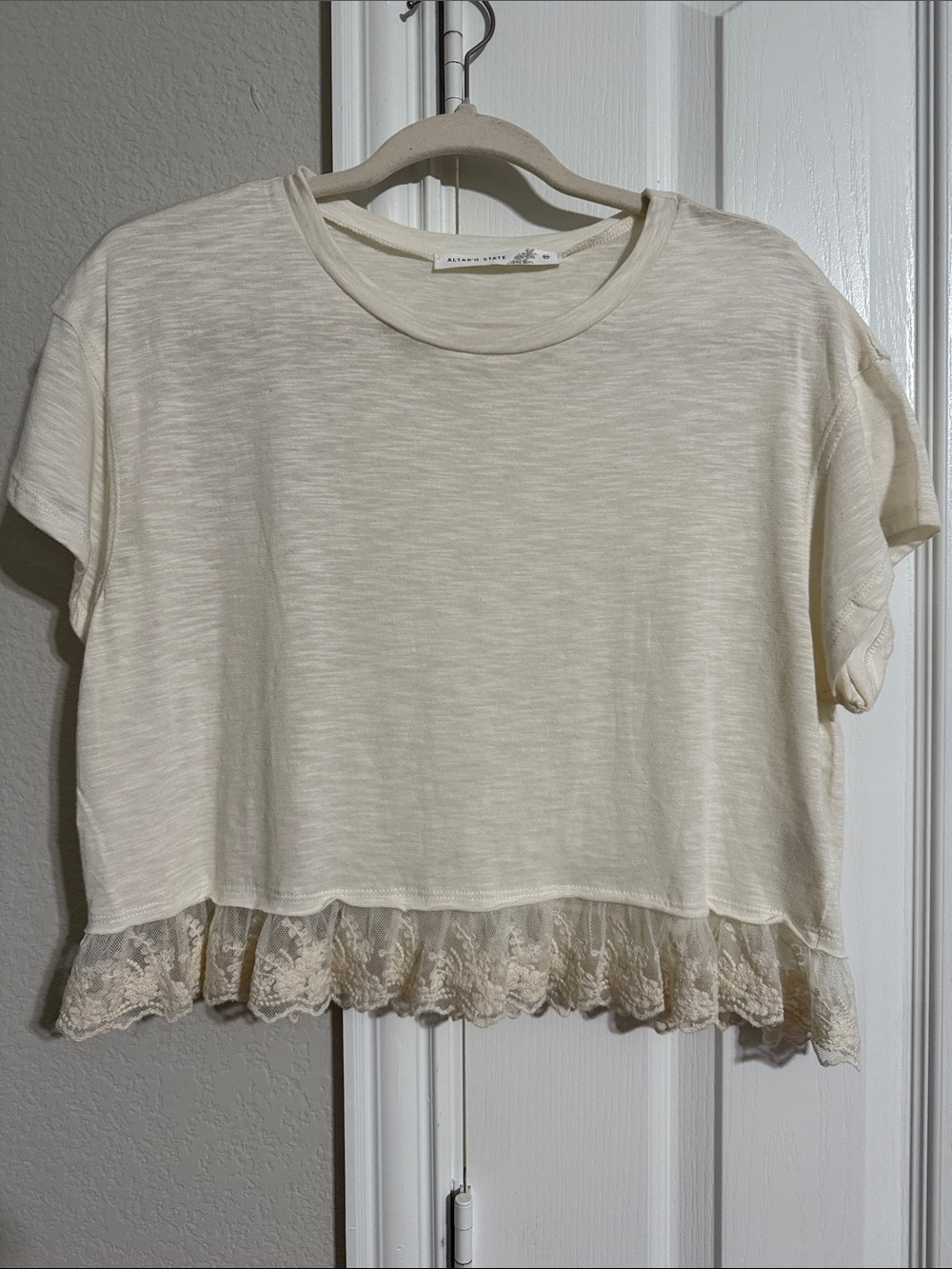 Altar'd State Cream Cropped Tee with Lace Trim